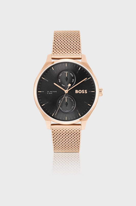 BLACK-DIAL WATCH WITH CARNATION-GOLD-TONE MESH BRACELET